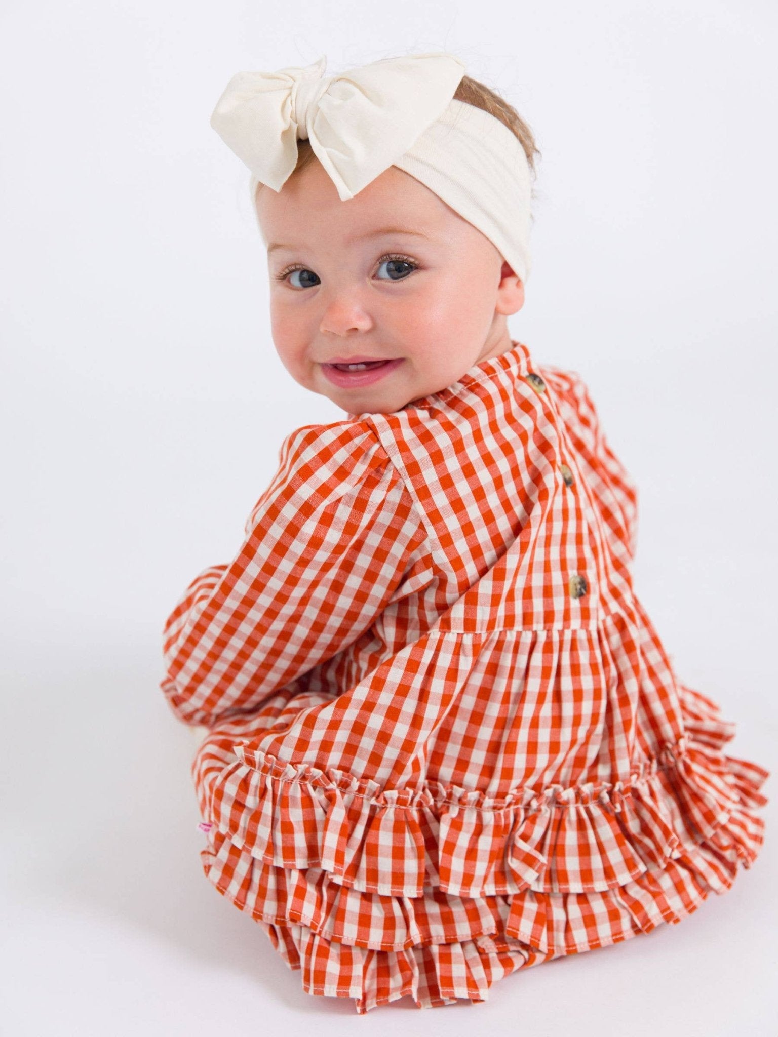 Baby Girls Classic Rust Gingham Woven Long Sleeve Bubble Romper - Sunny Meadow Boutique