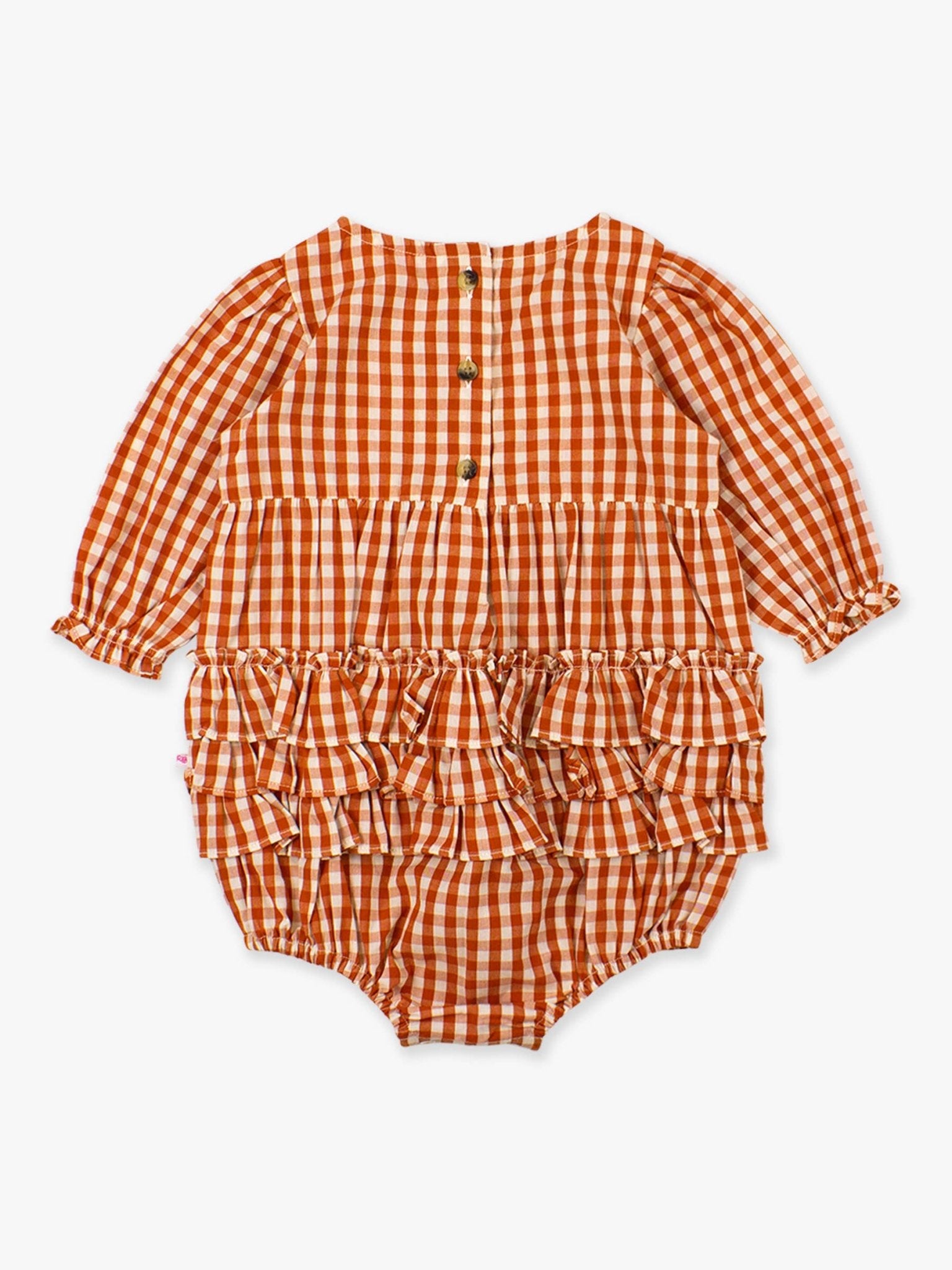 Baby Girls Classic Rust Gingham Woven Long Sleeve Bubble Romper - Sunny Meadow Boutique