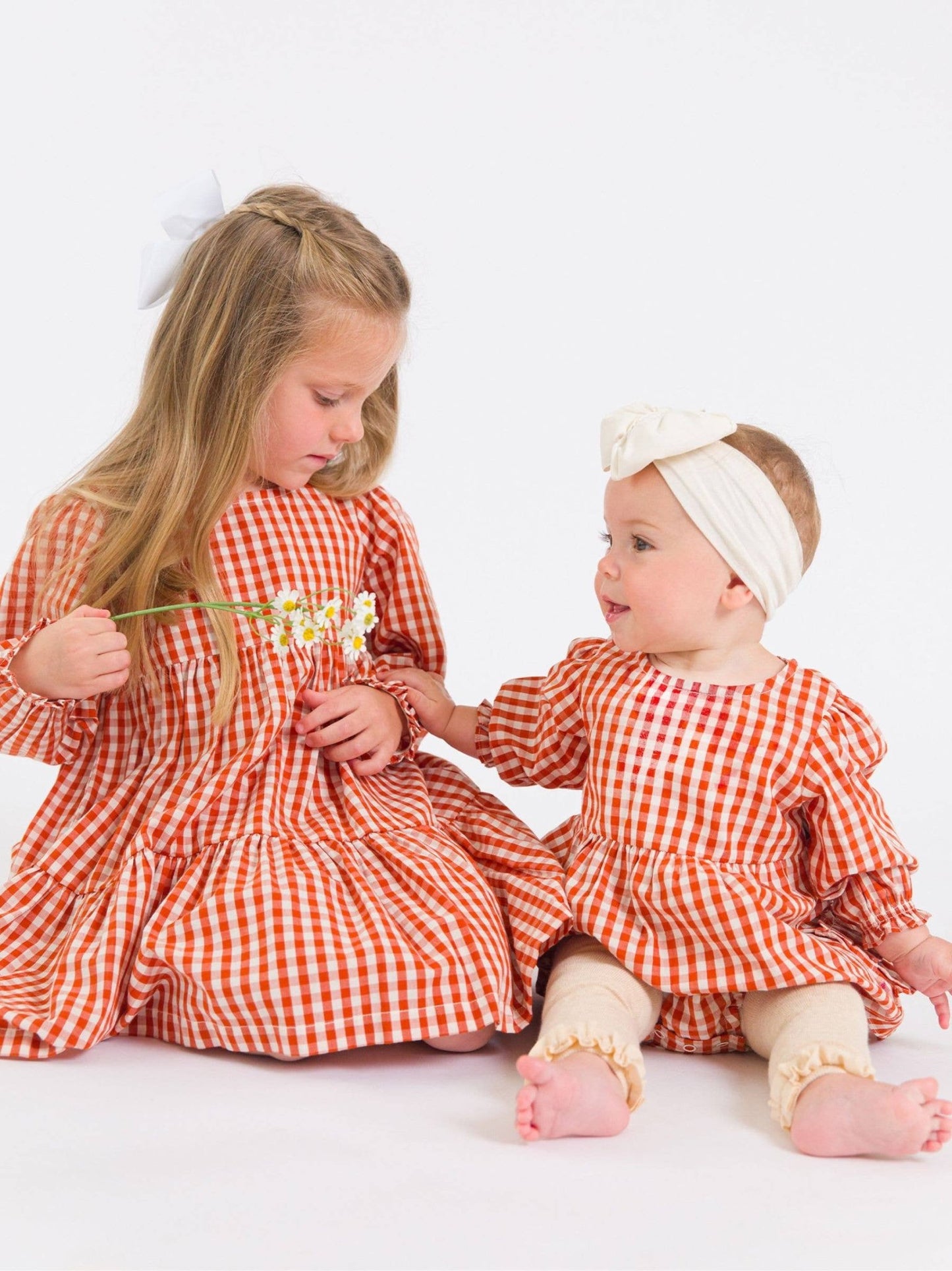Baby Girls Classic Rust Gingham Woven Long Sleeve Bubble Romper - Sunny Meadow Boutique
