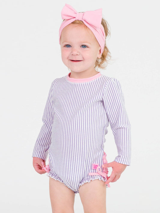 Baby Girls Lavender Seersucker Long Sleeve One Piece Rash Guard - Sunny Meadow Boutique