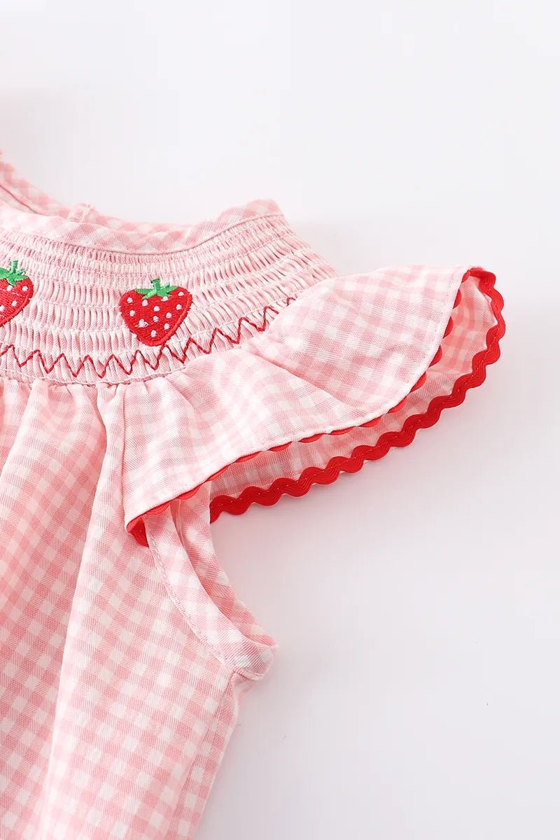 Baby Girls Strawberry Embroidered Plaid Smocked Dress - Sunny Meadow Boutique