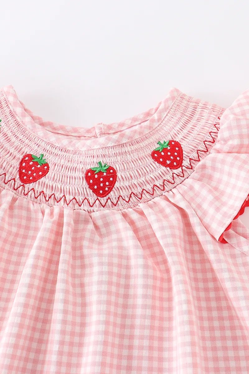 Baby Girls Strawberry Embroidered Plaid Smocked Dress - Sunny Meadow Boutique