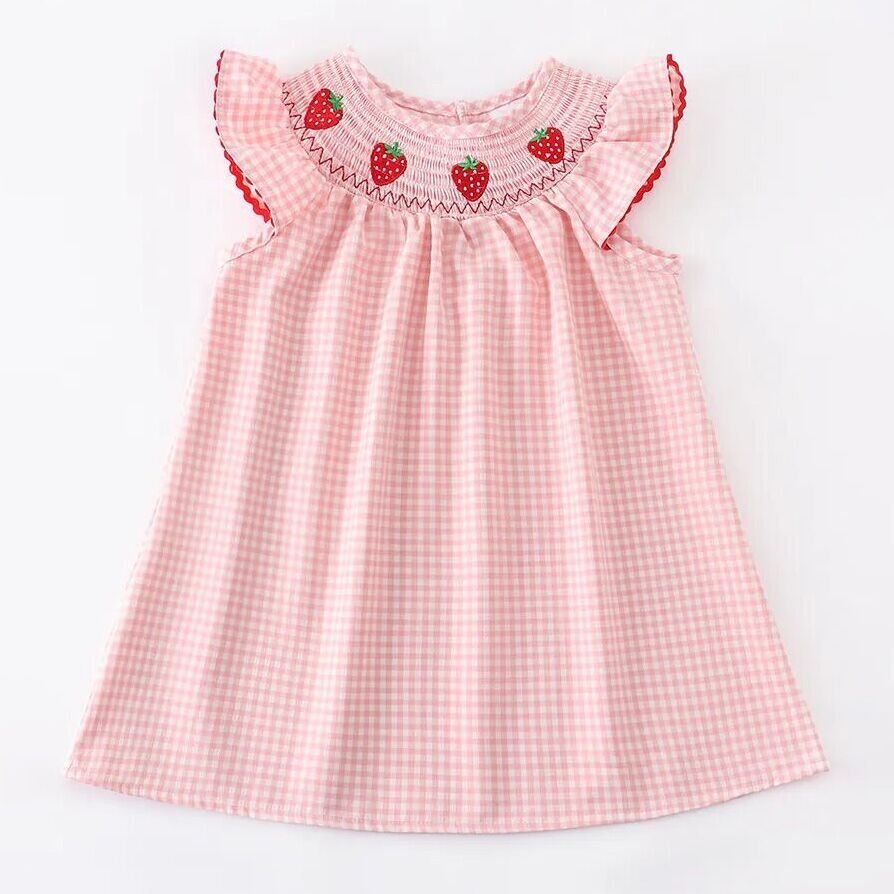 Baby Girls Strawberry Embroidered Plaid Smocked Dress - Sunny Meadow Boutique