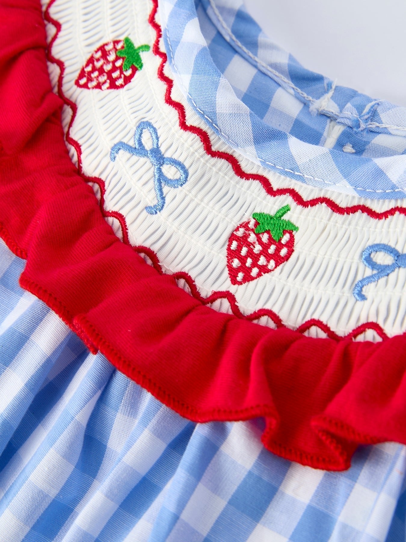 Baby Girls Summer Strawberry Bow Embroidered Smocked Romper - Sunny Meadow Boutique