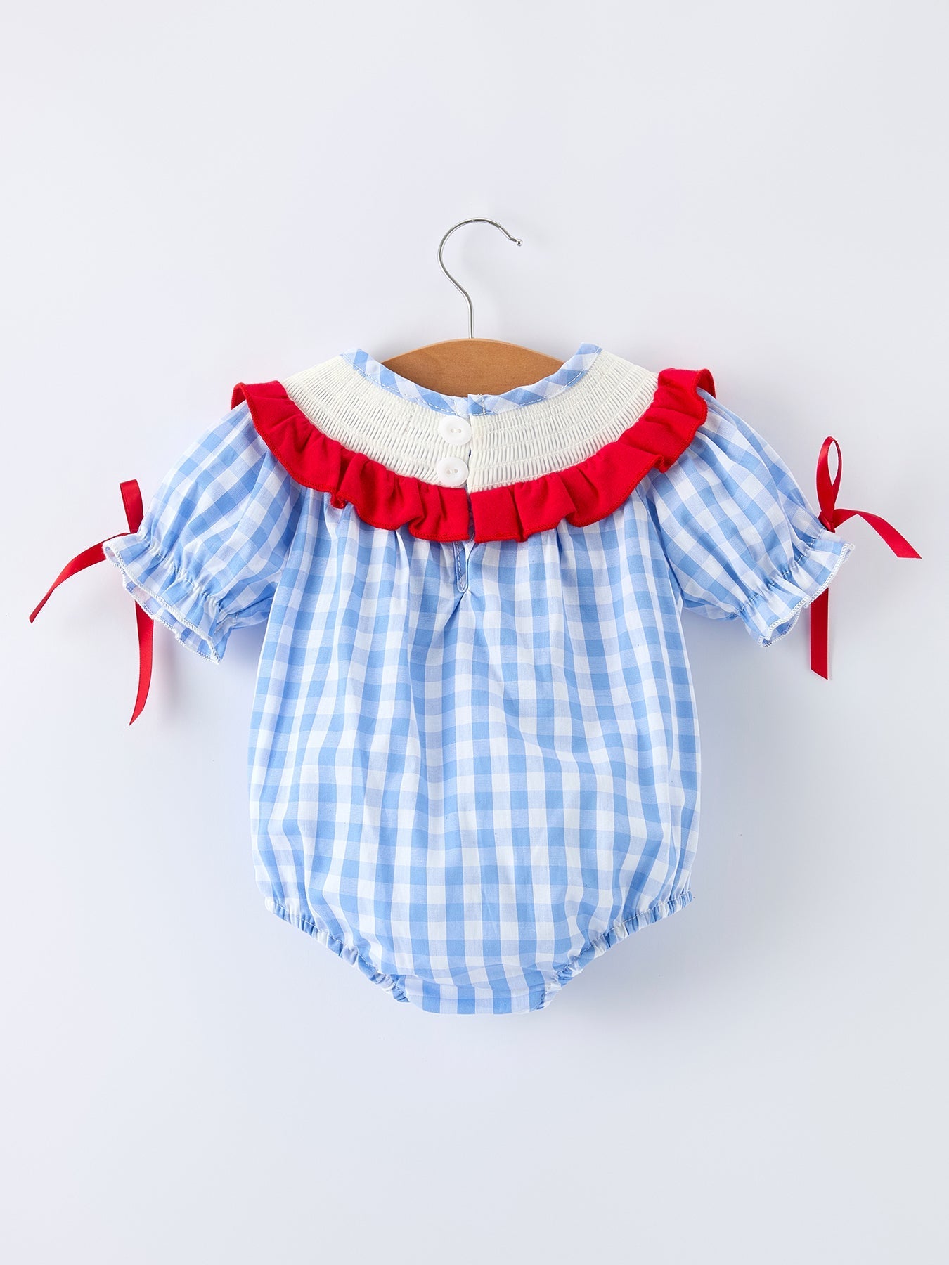 Baby Girls Summer Strawberry Bow Embroidered Smocked Romper - Sunny Meadow Boutique