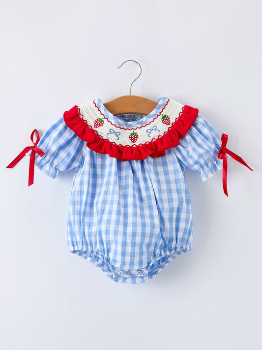 Baby Girls Summer Strawberry Bow Embroidered Smocked Romper - Sunny Meadow Boutique