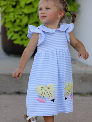 Back To School Girls Stripe Pencil Applique Bow Dress - Sunny Meadow Boutique