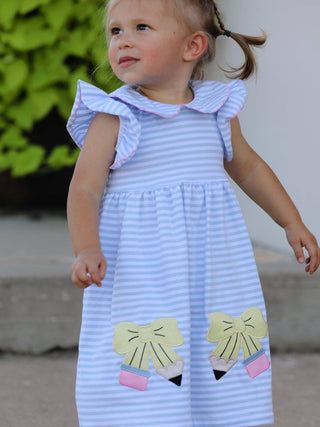 Back To School Girls Stripe Pencil Applique Bow Dress - Sunny Meadow Boutique