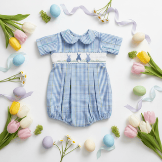 Bailey Boys Baby Boy Blue Plaid Cottontails Smocked Bunny Bubble - Sunny Meadow Boutique