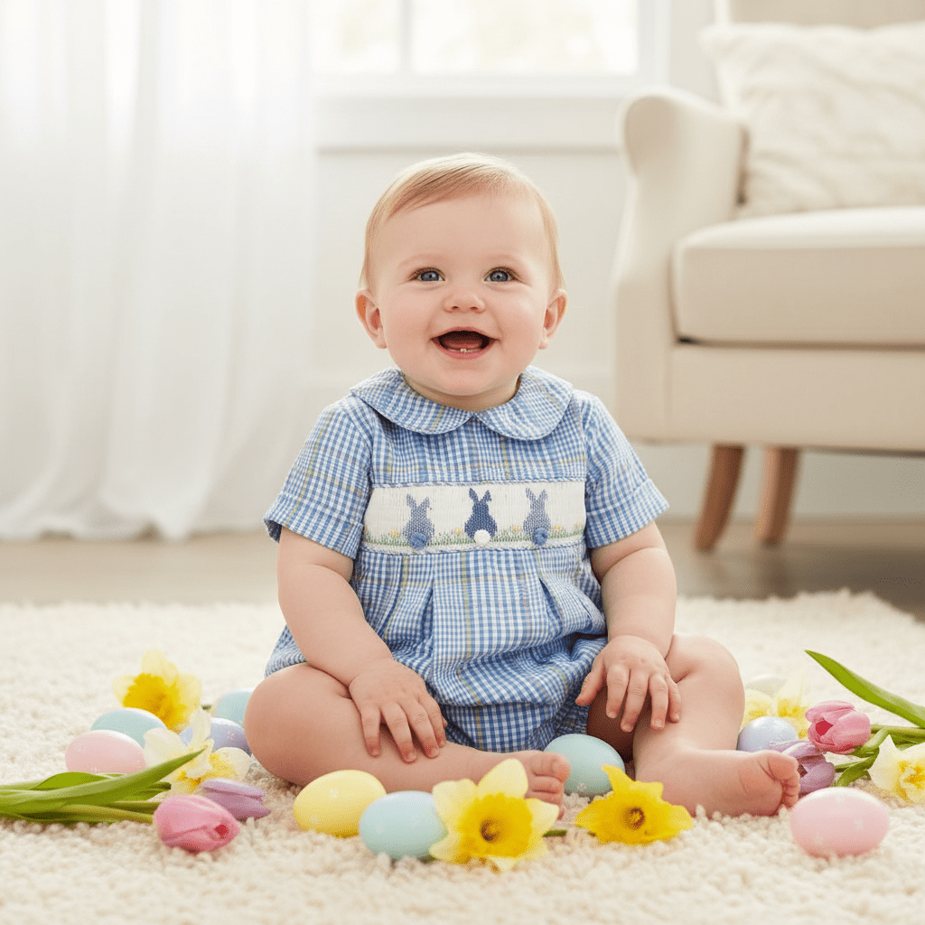 Bailey Boys Baby Boy Blue Plaid Cottontails Smocked Bunny Bubble - Sunny Meadow Boutique