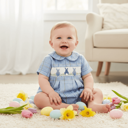 Bailey Boys Baby Boy Blue Plaid Cottontails Smocked Bunny Bubble - Sunny Meadow Boutique