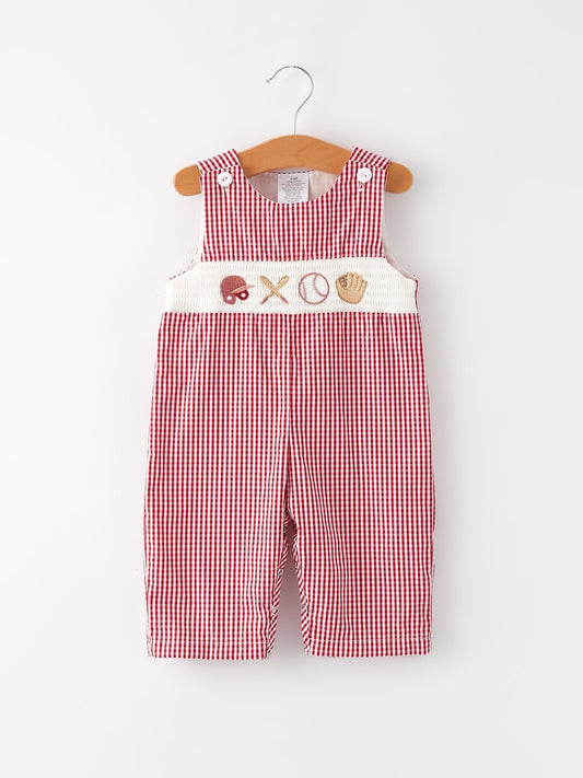 Baseball Baby Boys Smocking Embroidered Plaid Romper - Sunny Meadow Boutique