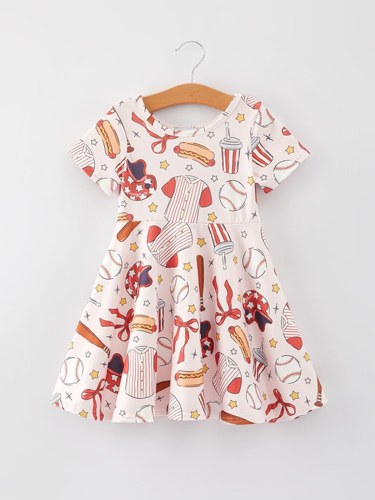Baseball Drink Hot Dog Print Milk Silk Girls Dress - Sunny Meadow Boutique
