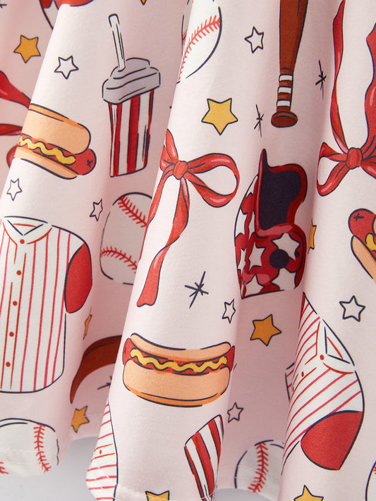 Baseball Drink Hot Dog Print Milk Silk Girls Dress - Sunny Meadow Boutique