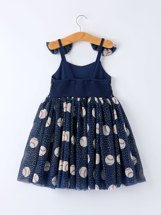 Baseball Theme Sleeveless Bow Strap Girls Dress - Sunny Meadow Boutique