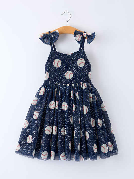 Baseball Theme Sleeveless Bow Strap Girls Dress - Sunny Meadow Boutique
