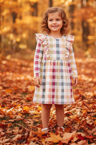 Plaid Long Sleeve Girls Dress, Multicolor