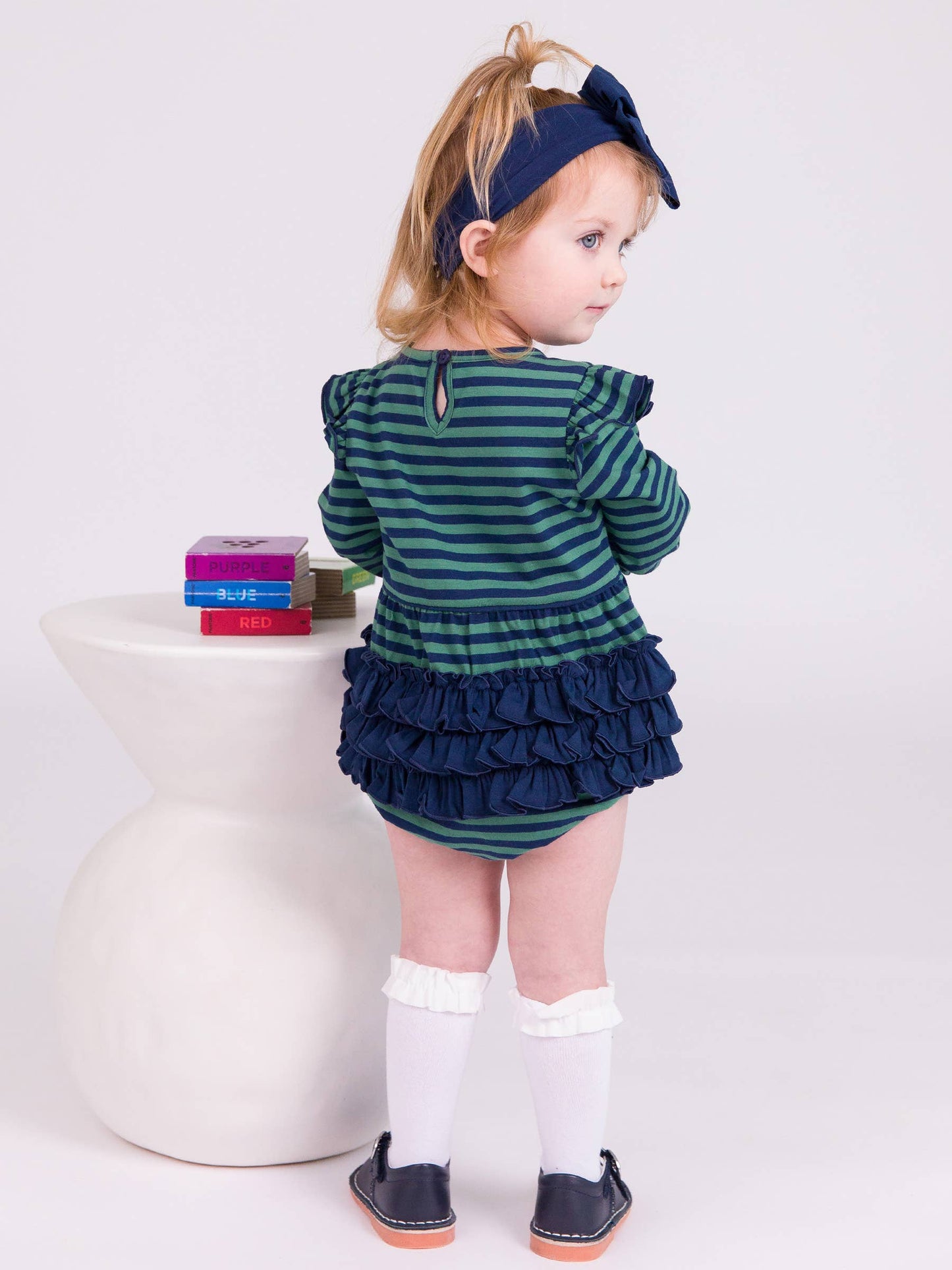 Baby Girls Fir Green & Navy Stripe Knit Long Sleeve Flutter Bubble Romper