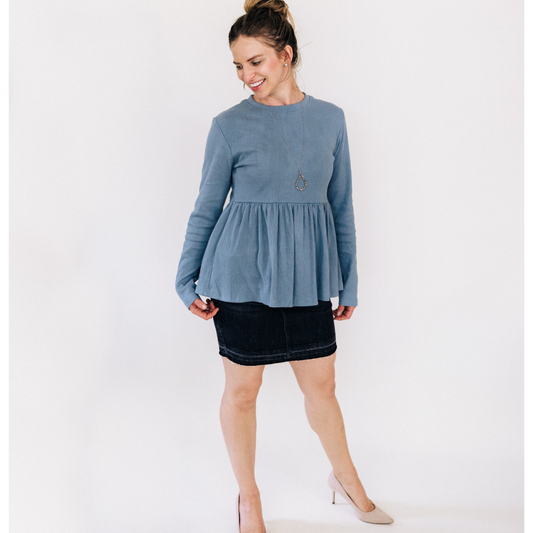 Dusty Blue Ribbed Peplum Top - Women's