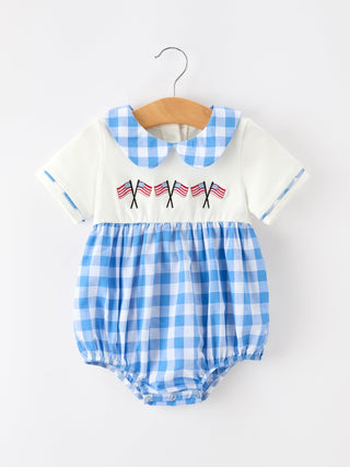 Boys 4th of July Plaid Romper Embroidery Petals Collar - Sunny Meadow Boutique