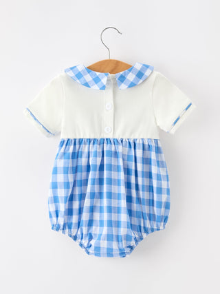Boys 4th of July Plaid Romper Embroidery Petals Collar - Sunny Meadow Boutique