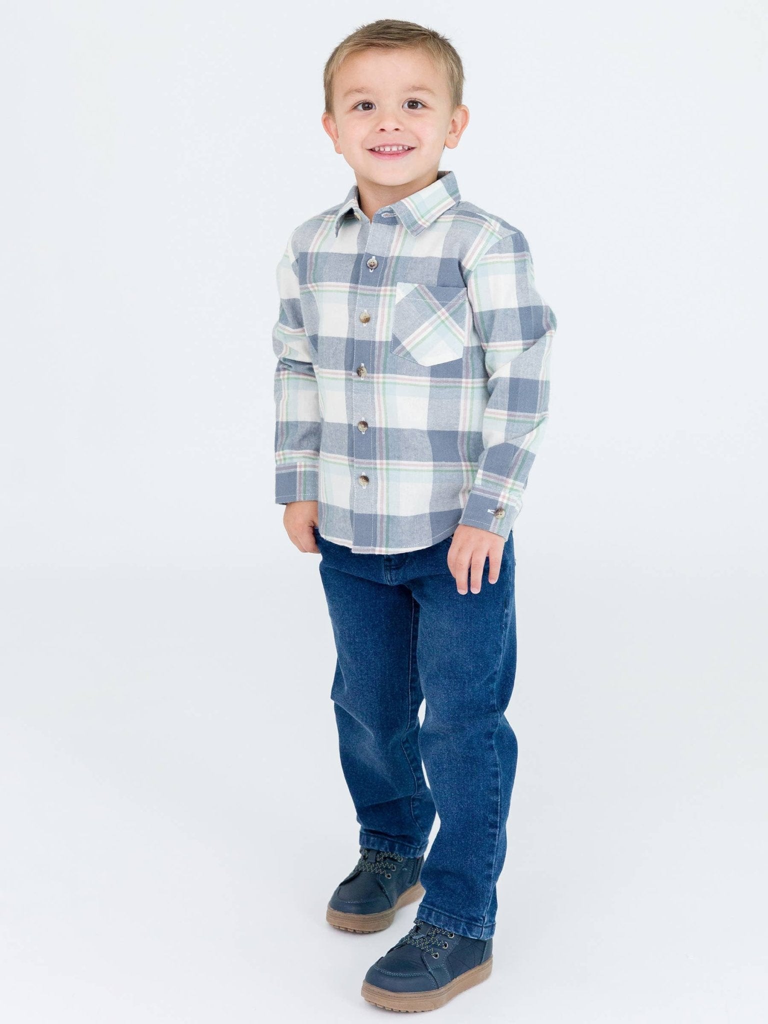 Boys Alpine Plaid Flannel Long Sleeve Button Down Shirt - Sunny Meadow Boutique