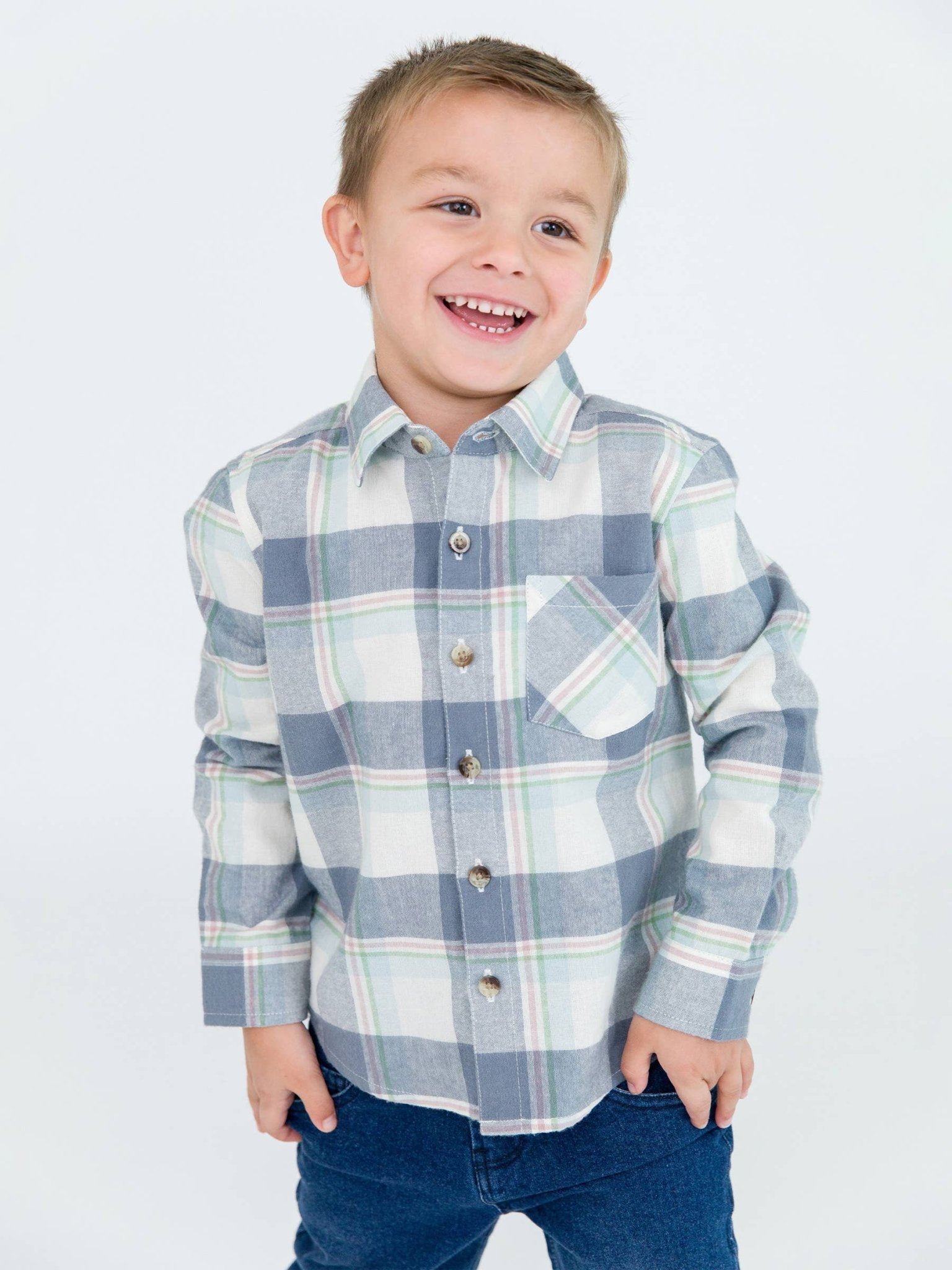 Boys Alpine Plaid Flannel Long Sleeve Button Down Shirt - Sunny Meadow Boutique