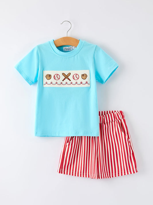 Boys Baseball Embroidery Blue T-shirt and Red Stripe Shorts Set - Sunny Meadow Boutique