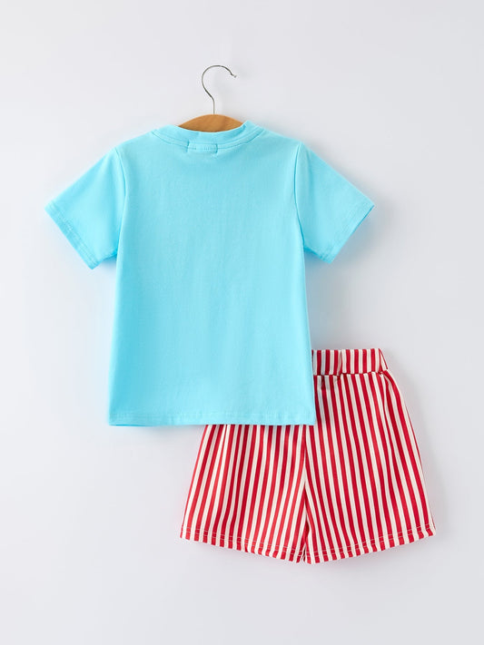 Boys Baseball Embroidery Blue T-shirt and Red Stripe Shorts Set - Sunny Meadow Boutique
