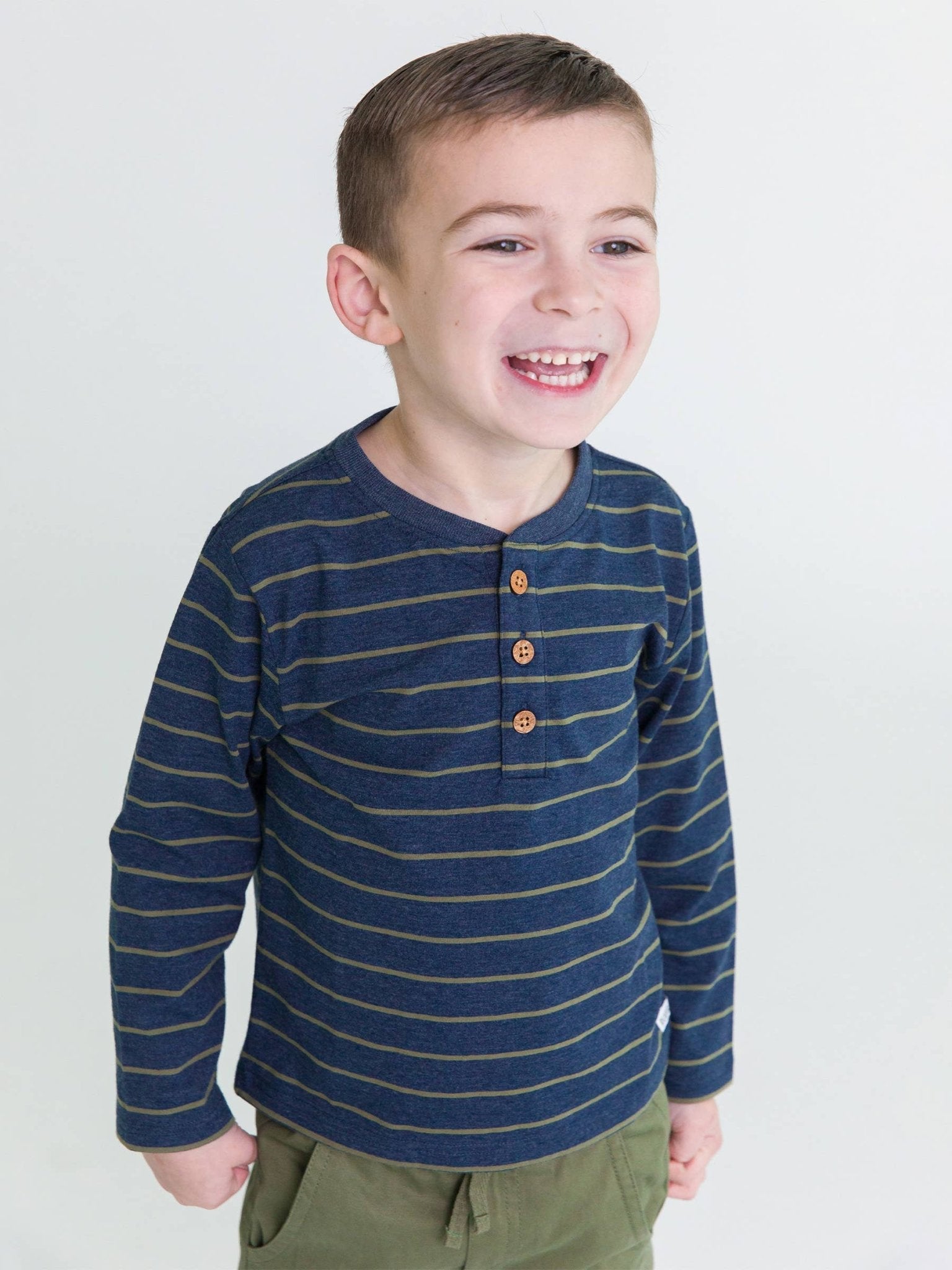 Boys Dusty Olive Stripe Knit Long Sleeve Henley Tee - Sunny Meadow Boutique