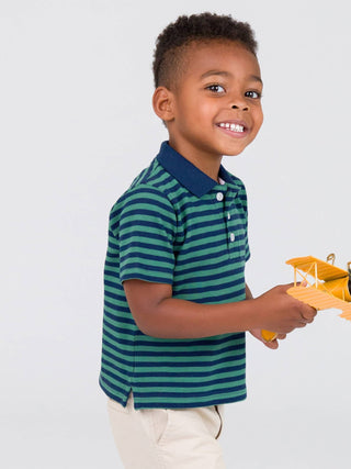 Boys Fir Green & Navy Stripe Pique Short Sleeve Polo Shirt - Sunny Meadow Boutique