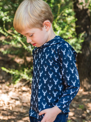 Boys Long - Sleeve Little Deer Lodge Performance Hooded Shirt – Navy Outdoor & Play Tee - Sunny Meadow Boutique