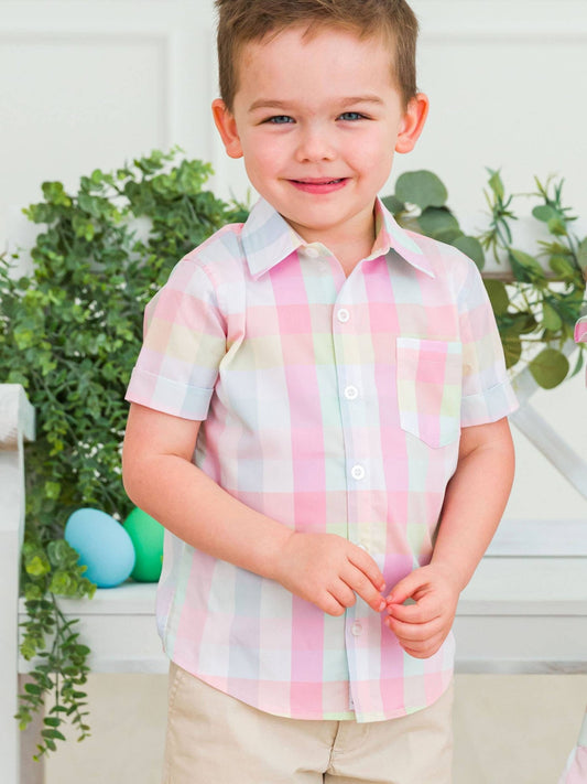 Boys Picnic Plaid Short Sleeve Button Down Shirt - Sunny Meadow Boutique