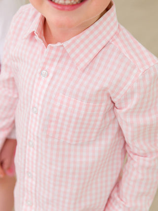 Boys Pink Gingham Check Long Sleeve Button Down - Sunny Meadow Boutique