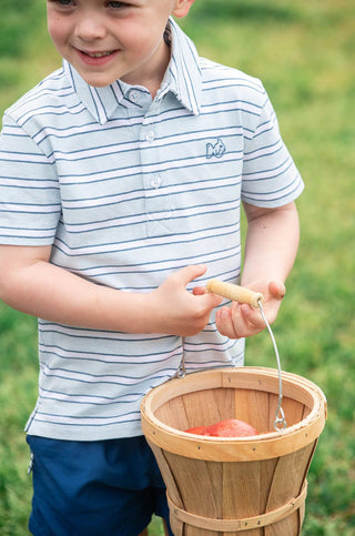 Boys Short Sleeve Too Cool for School Cotton Polo in Ice Water Blue Strips - Sunny Meadow Boutique