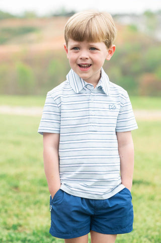 Boys Short Sleeve Too Cool for School Cotton Polo in Ice Water Blue Strips - Sunny Meadow Boutique