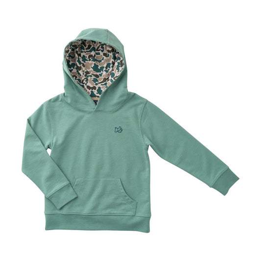 Boys Spinnerbait Sweatshirt in Frost Spruce Green with Camo Liner - Sunny Meadow Boutique