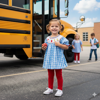 Young girl in a checkered dress standing in front of a school bus with other children in the background.