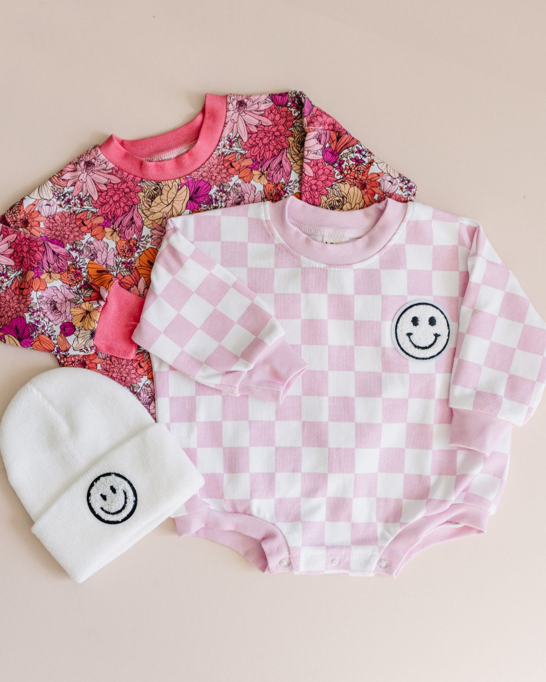 Bubble Romper | Checkered Smiley Pink