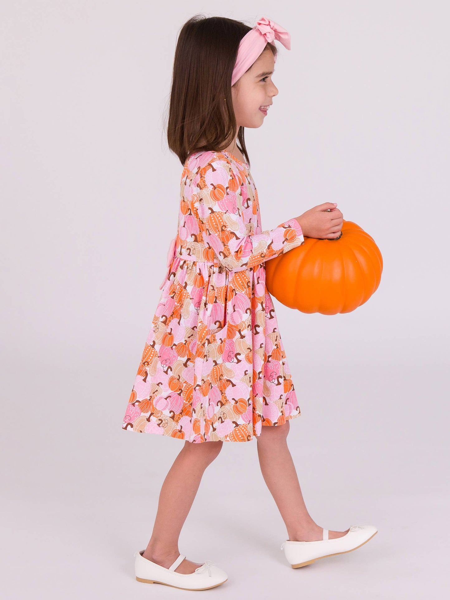 Girls Pink Pumpkin Patch Knit Long Sleeve Twirl Dress