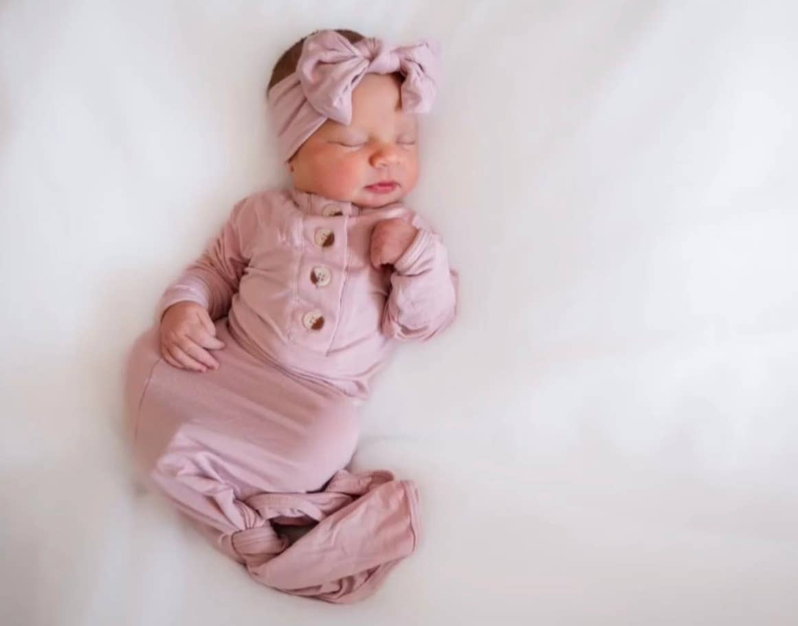 Newborn Knotted Baby Gown HEADBAND & HAT Set Multiple Colors