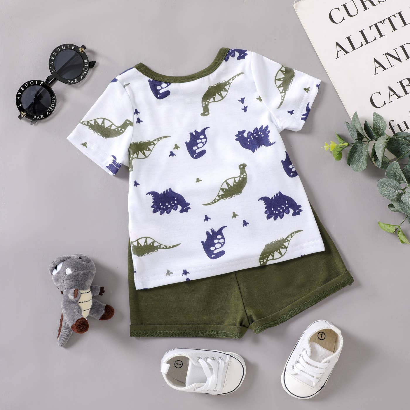 2pcs Baby Boy All Over Dinosaur Tee  Shorts Set