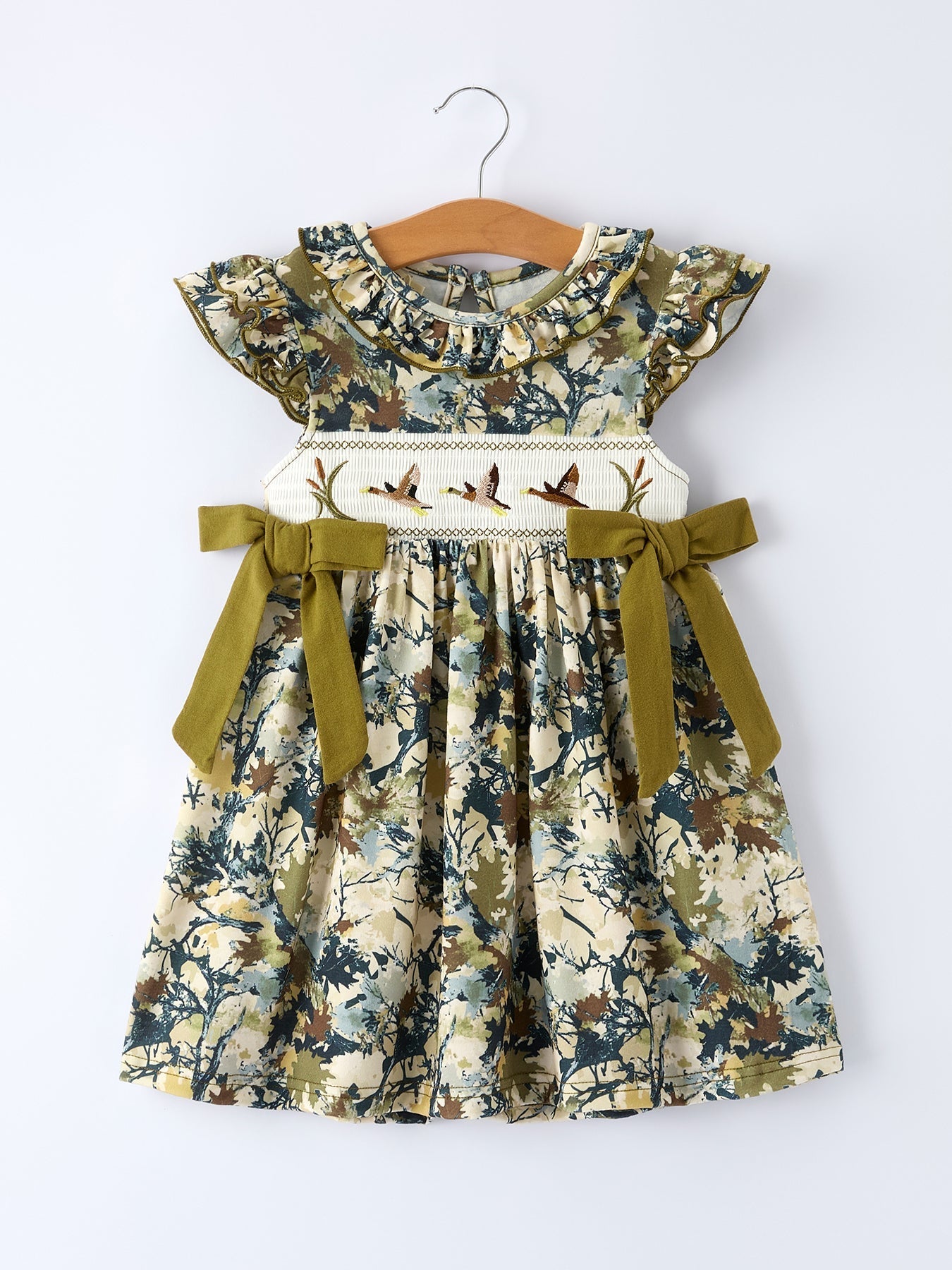 Camo Duck Smocked Bow Ruffle Sleeves Girls Dress - Sunny Meadow Boutique
