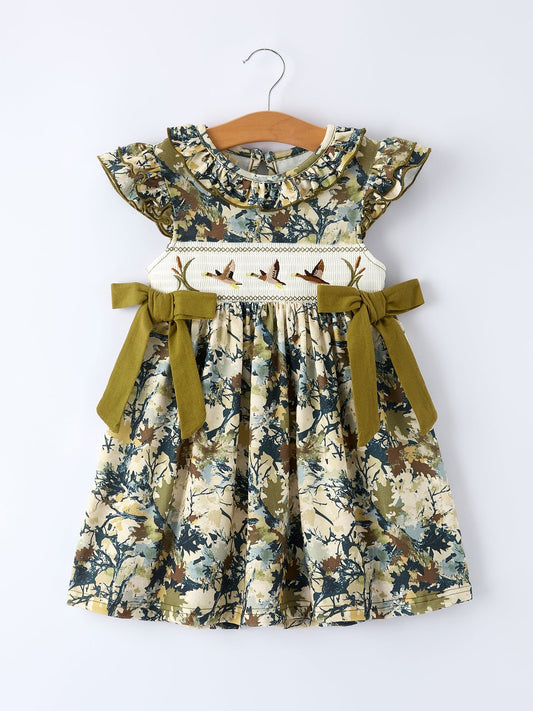 Camo Duck Smocked Bow Ruffle Sleeves Girls Dress - Sunny Meadow Boutique