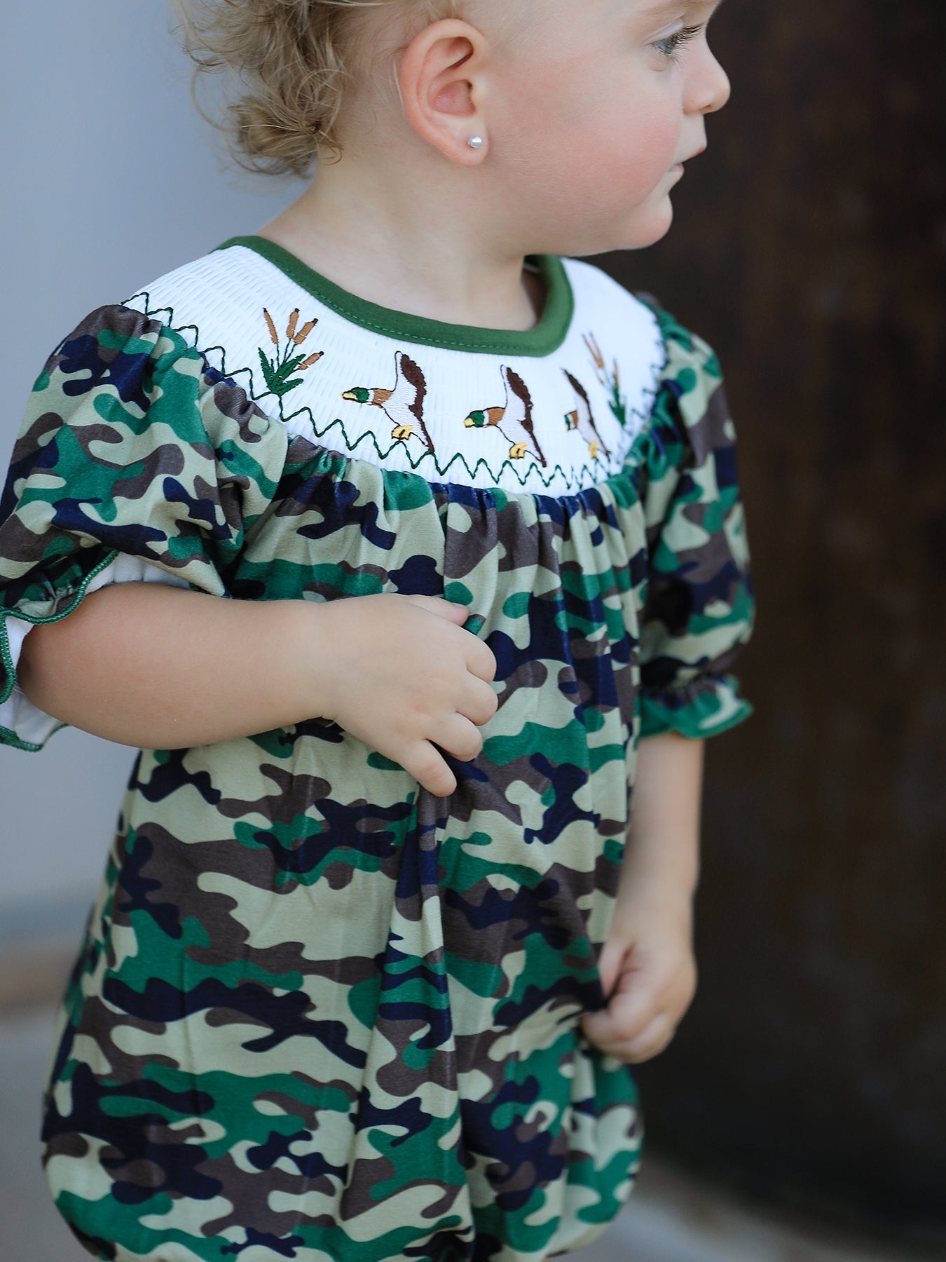 Camouflage Duck Smocking Embroidery Girls Romper - Sunny Meadow Boutique