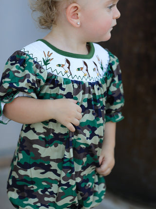Camouflage Duck Smocking Embroidery Girls Romper - Sunny Meadow Boutique