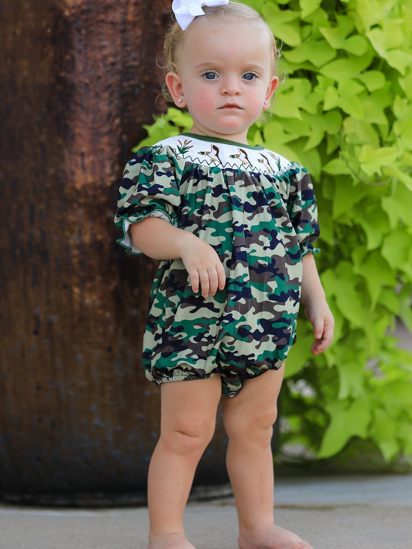 Camouflage Duck Smocking Embroidery Girls Romper - Sunny Meadow Boutique