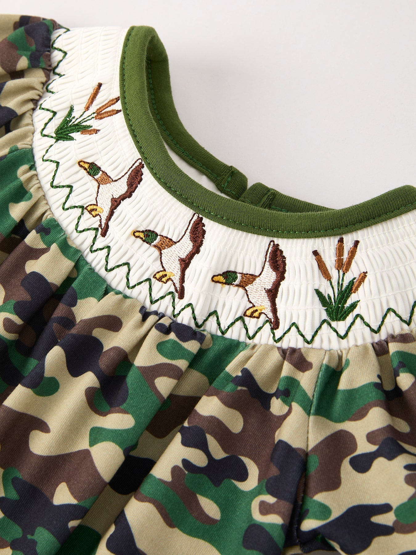 Camouflage Duck Smocking Embroidery Girls Romper - Sunny Meadow Boutique