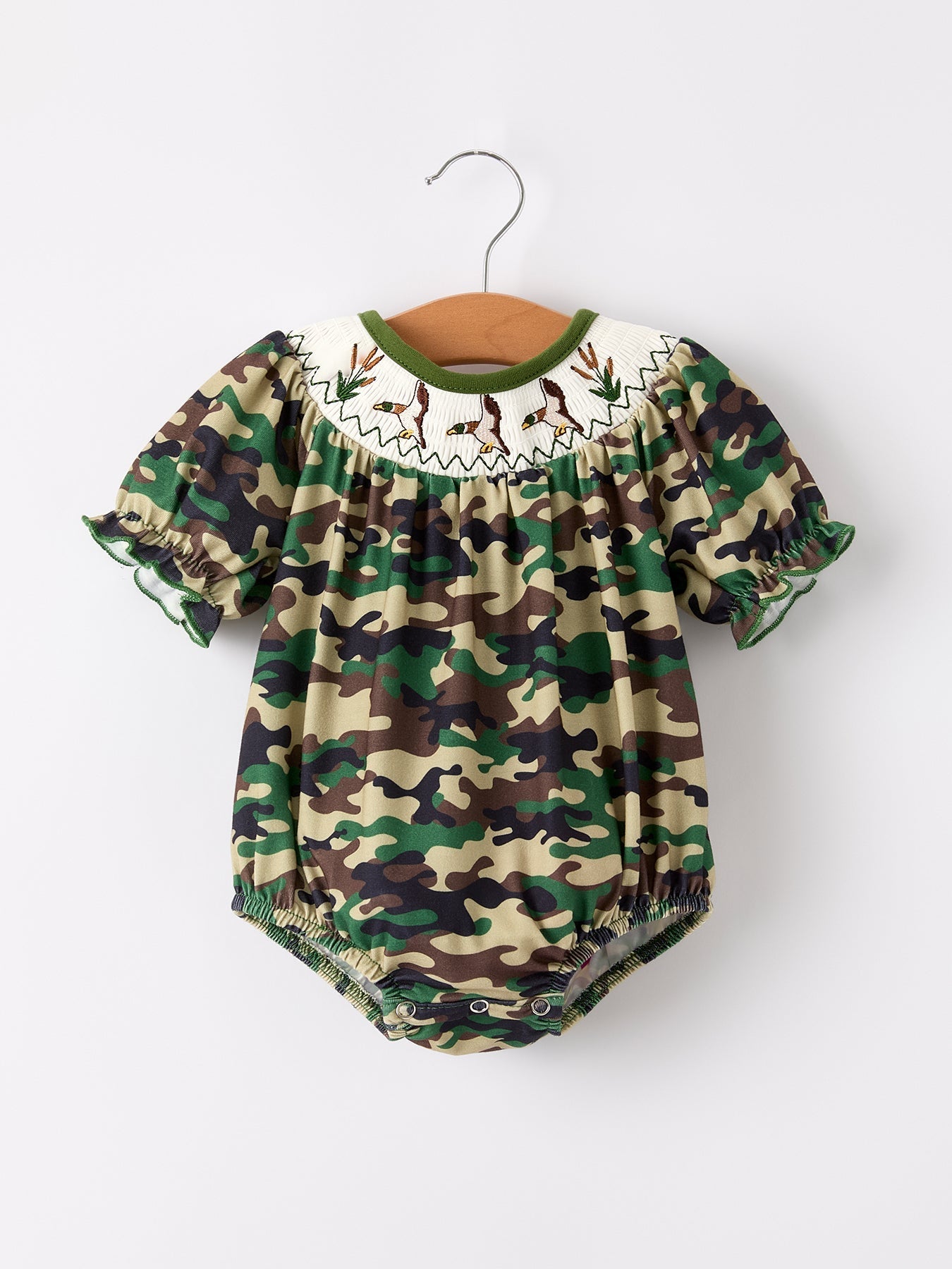 Camouflage Duck Smocking Embroidery Girls Romper - Sunny Meadow Boutique