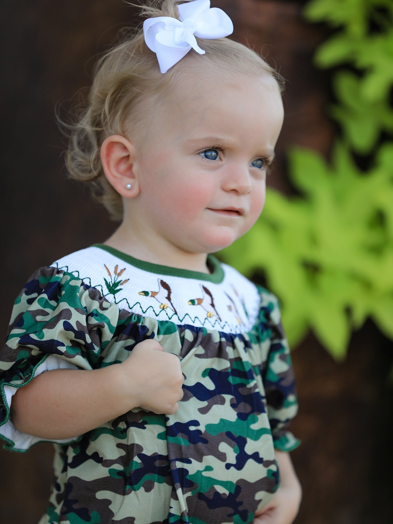 Camouflage Duck Smocking Embroidery Girls Romper - Sunny Meadow Boutique